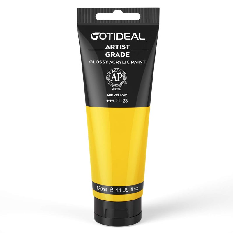 GOTIDEAL Acrylic Paint Mid Yellow Tubes(120ml, 4.1 oz) Non Toxic Non Fading,Rich Pigments for Painters, Adults & Kids, Ideal for Canvas Wood Clay Fabric Ceramic Craft Supplies (Mid Yellow) - Image 1